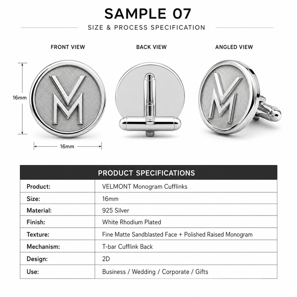Size and finish specifications for custom round logo cufflinks