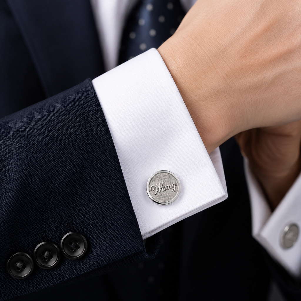 Business suit wearing custom round logo cufflinks
