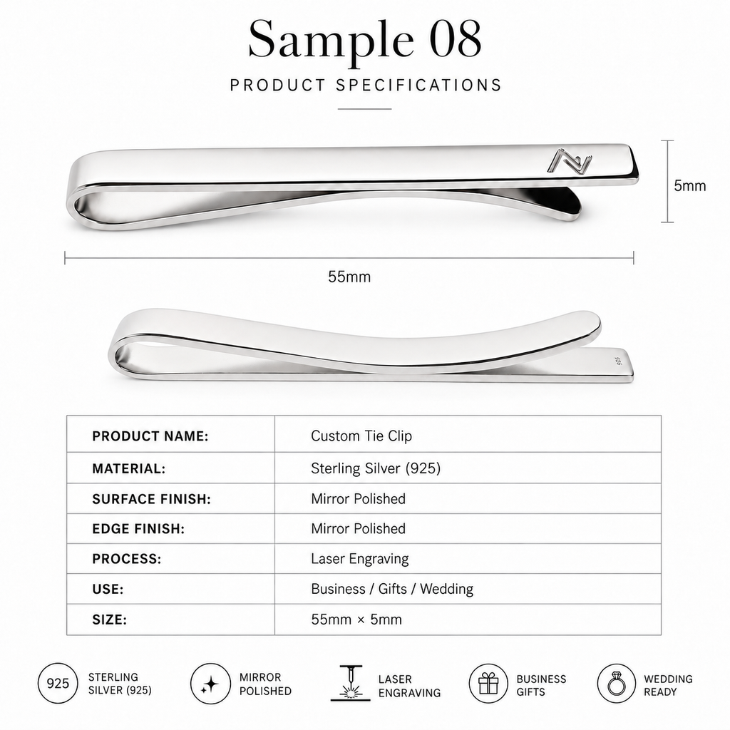 Specifications for custom 925 sterling silver tie clip