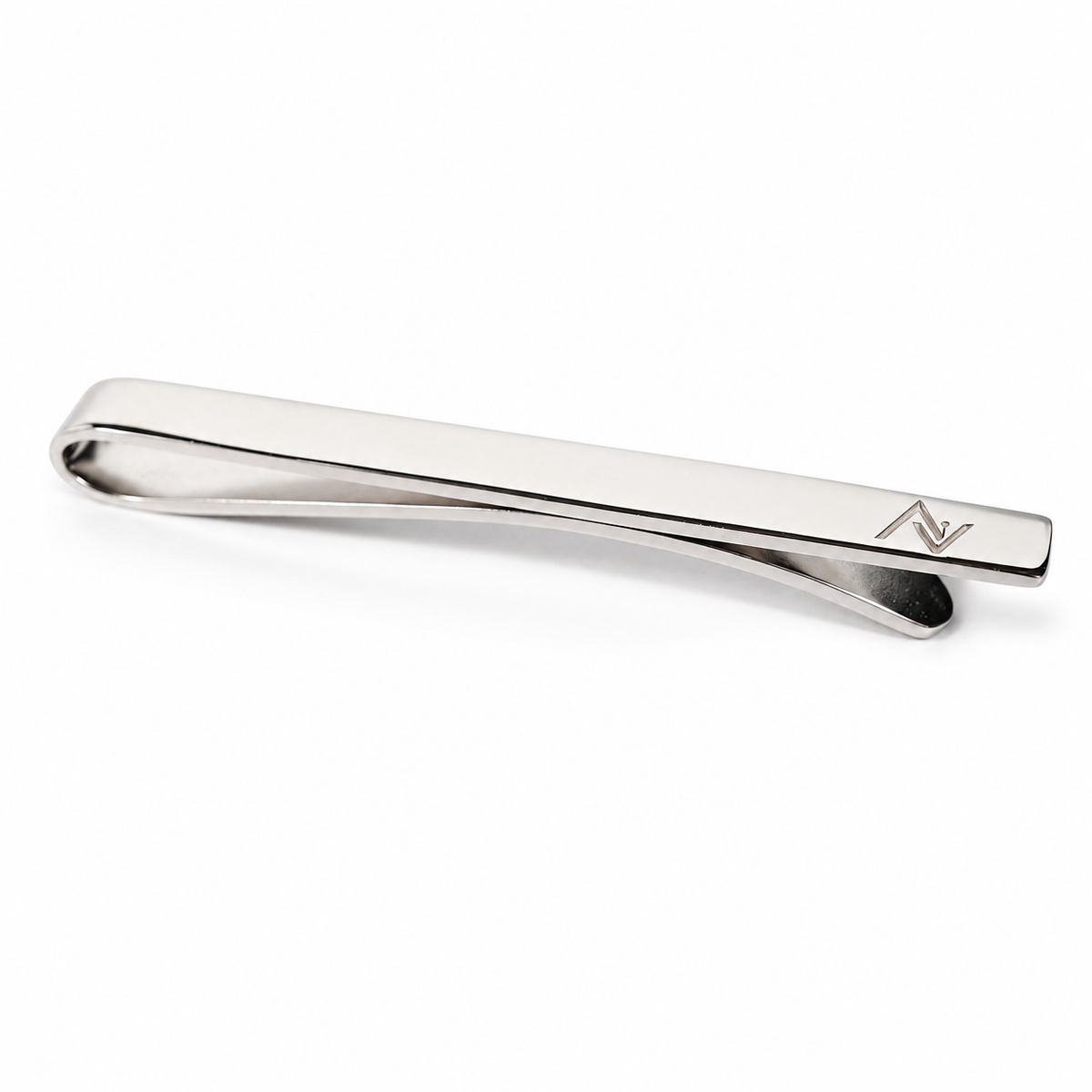 Side view of custom sterling silver logo tie clip with spring clip