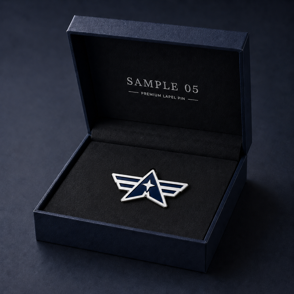 Custom star wing lapel pin presented in a black gift box