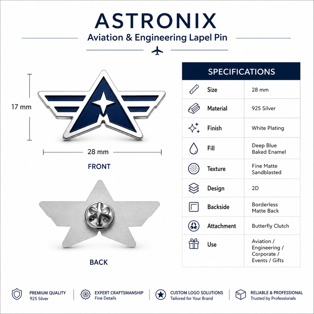 Size and finish specifications for custom star wing logo lapel pin