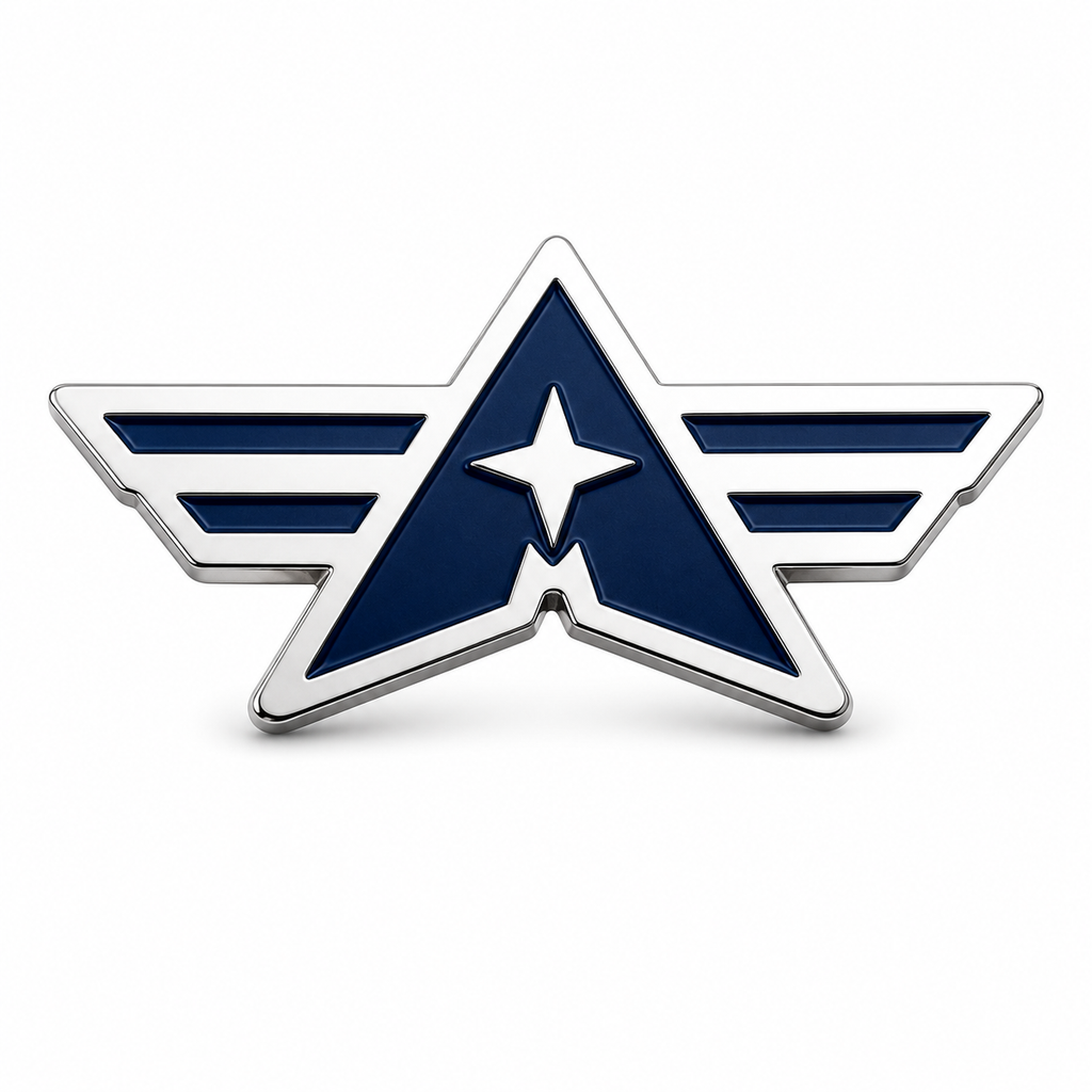 Custom star wing logo lapel pin with deep navy baked enamel