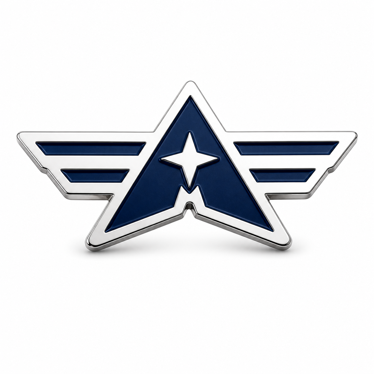 Custom star wing logo lapel pin with deep navy baked enamel