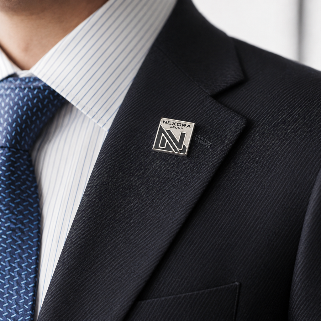 Business suit wearing a custom square company logo lapel pin
