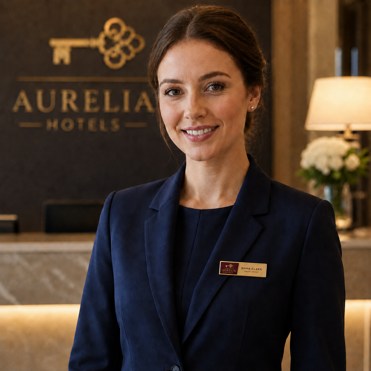 Hotel receptionist wearing a custom magnetic staff name badge