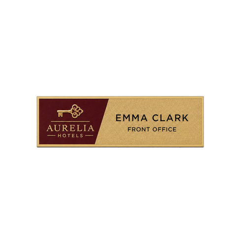 Custom hotel staff magnetic name badge with burgundy enamel and gold plating