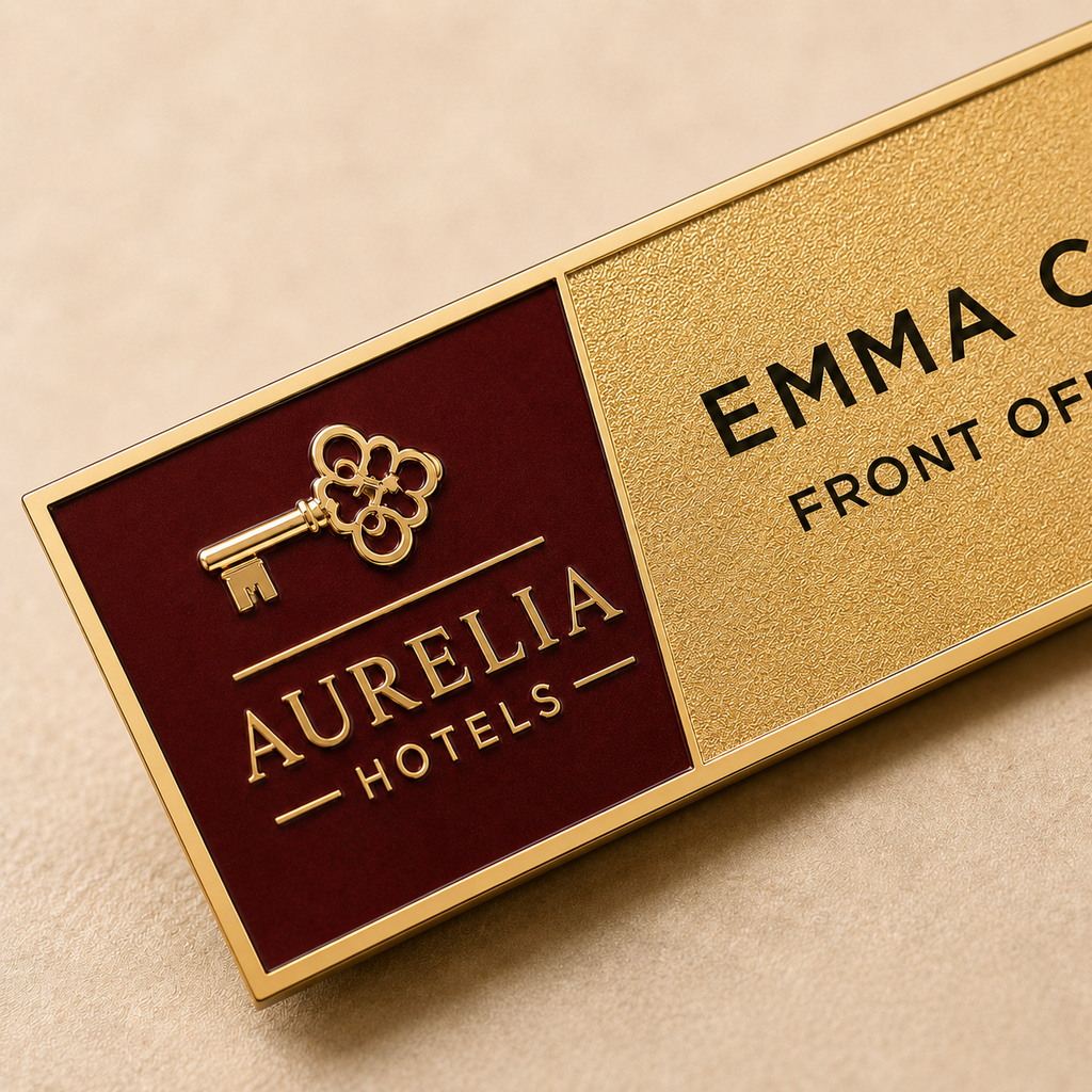 Close-up of personalized gold hotel employee name badge