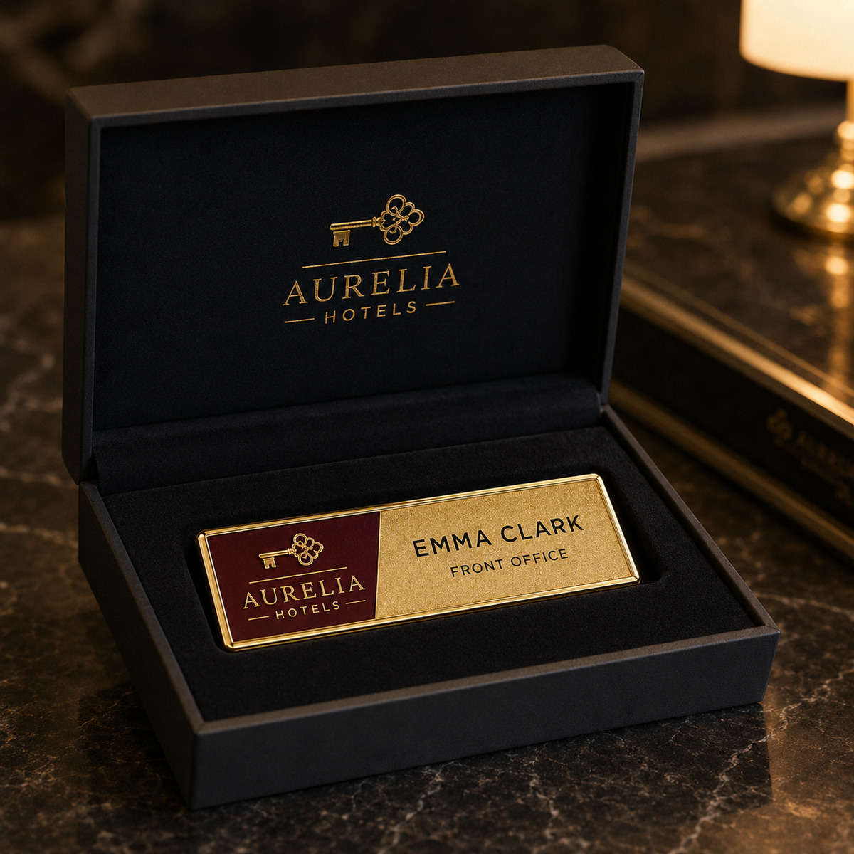 Custom hotel staff name badge presented in a black gift box