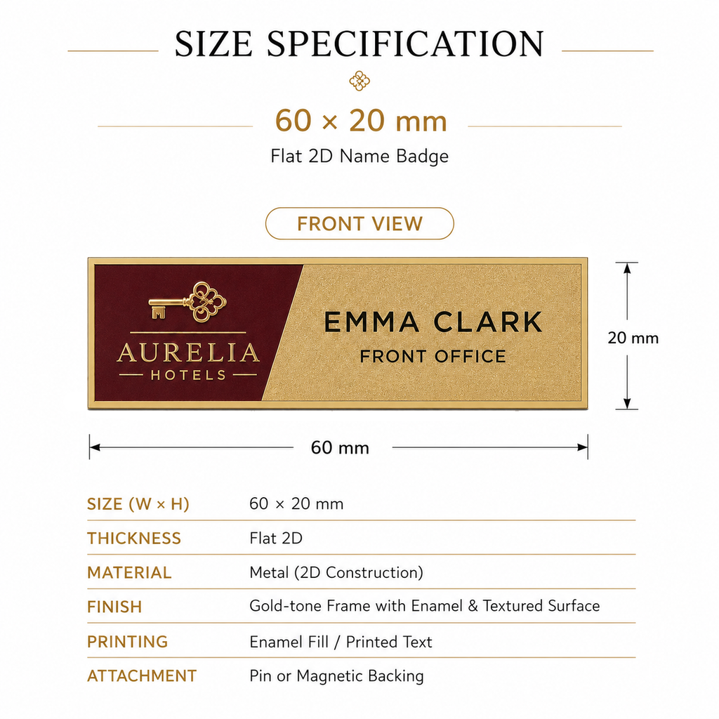 Specifications and customization options for magnetic hotel name badge