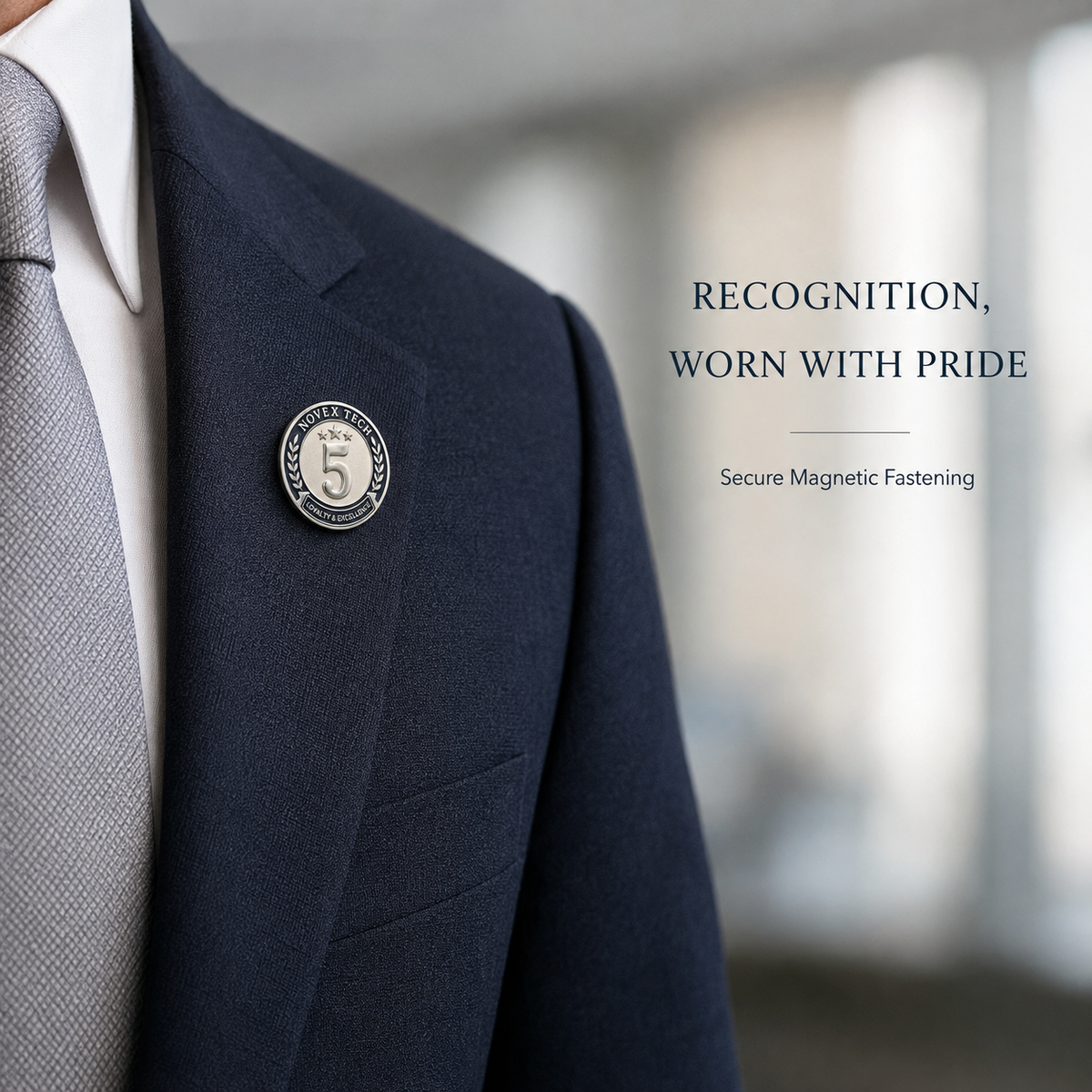 Custom company anniversary lapel pin worn on a business suit
