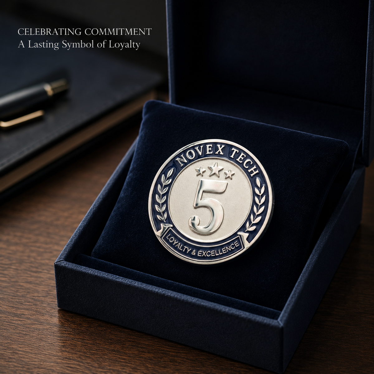 Custom service award lapel pin presented in a premium corporate gift box