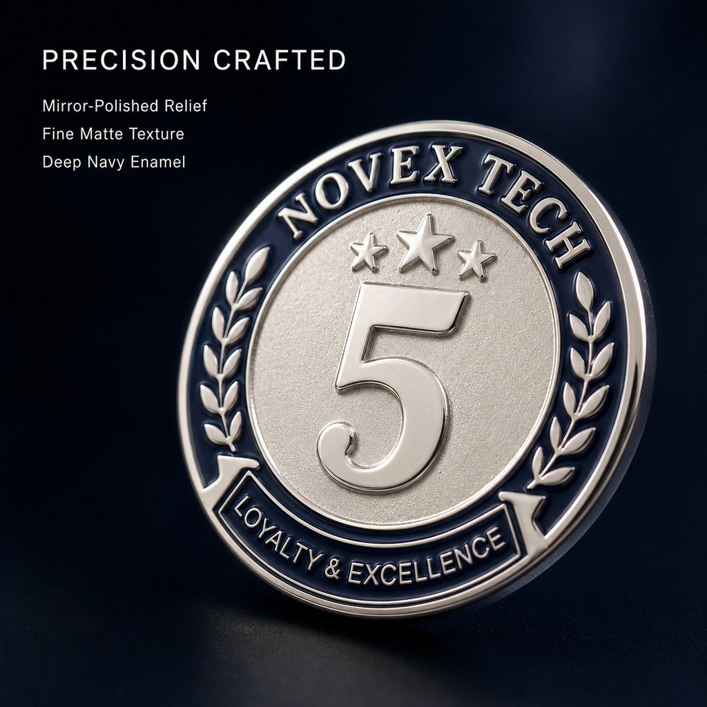 Close-up of polished raised details and navy enamel on a custom anniversary lapel pin