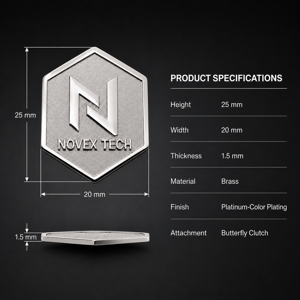 25 by 20 mm custom brass logo lapel pin with platinum-tone finish and product specifications