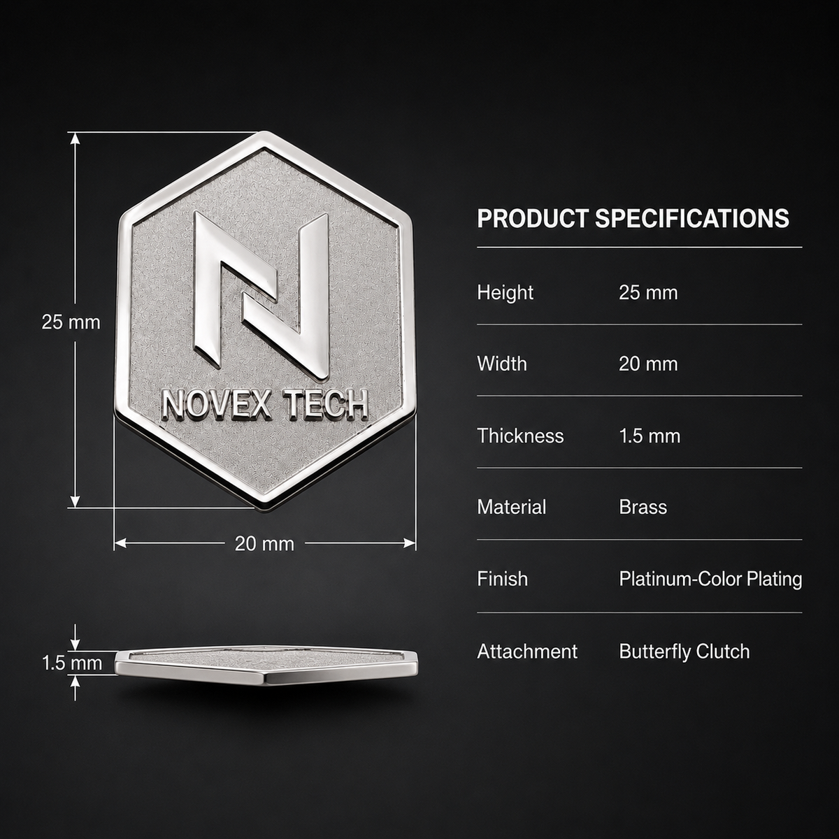 25 by 20 mm custom brass logo lapel pin with platinum-tone finish and product specifications