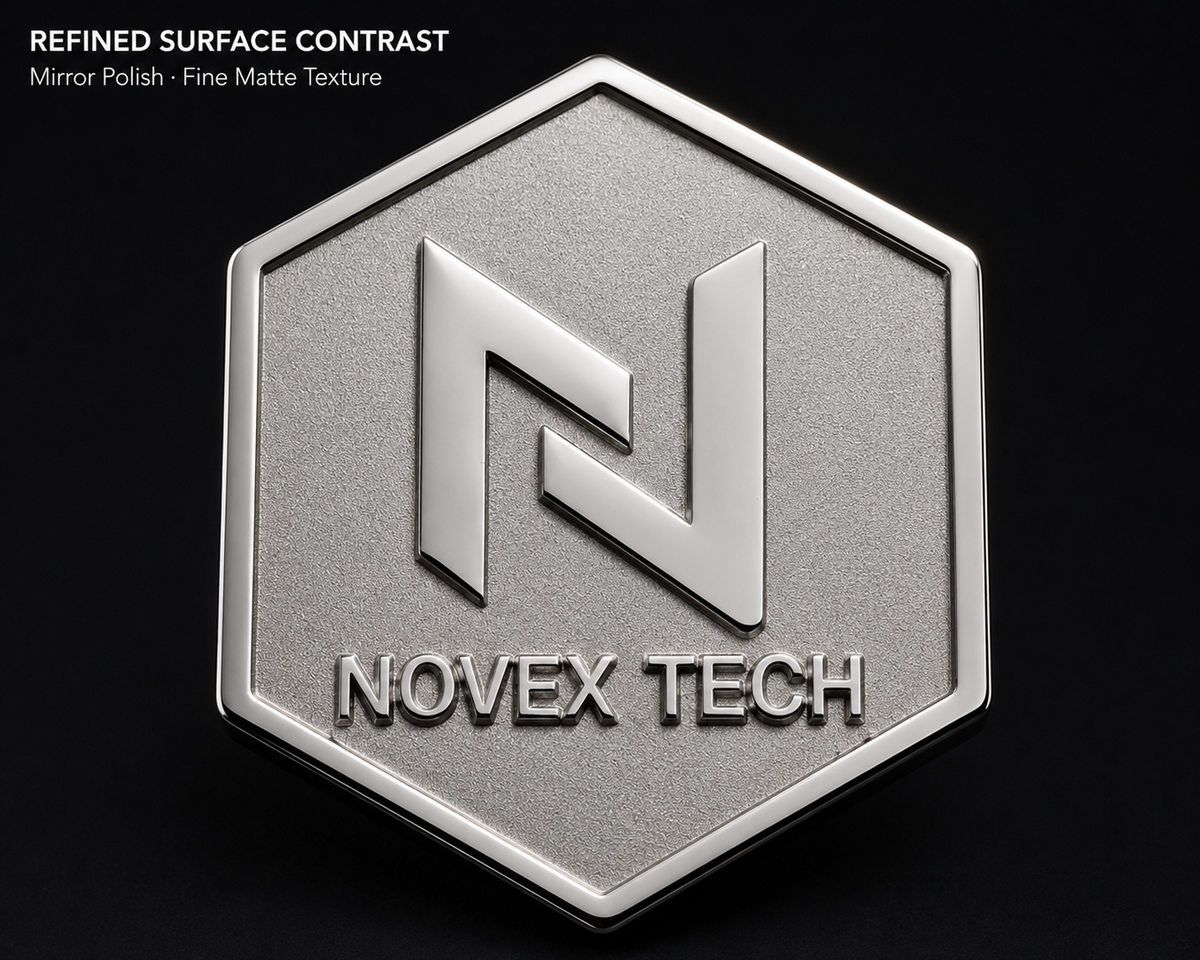 Close-up of mirror-polished raised logo and fine matte recessed texture on a custom lapel pin