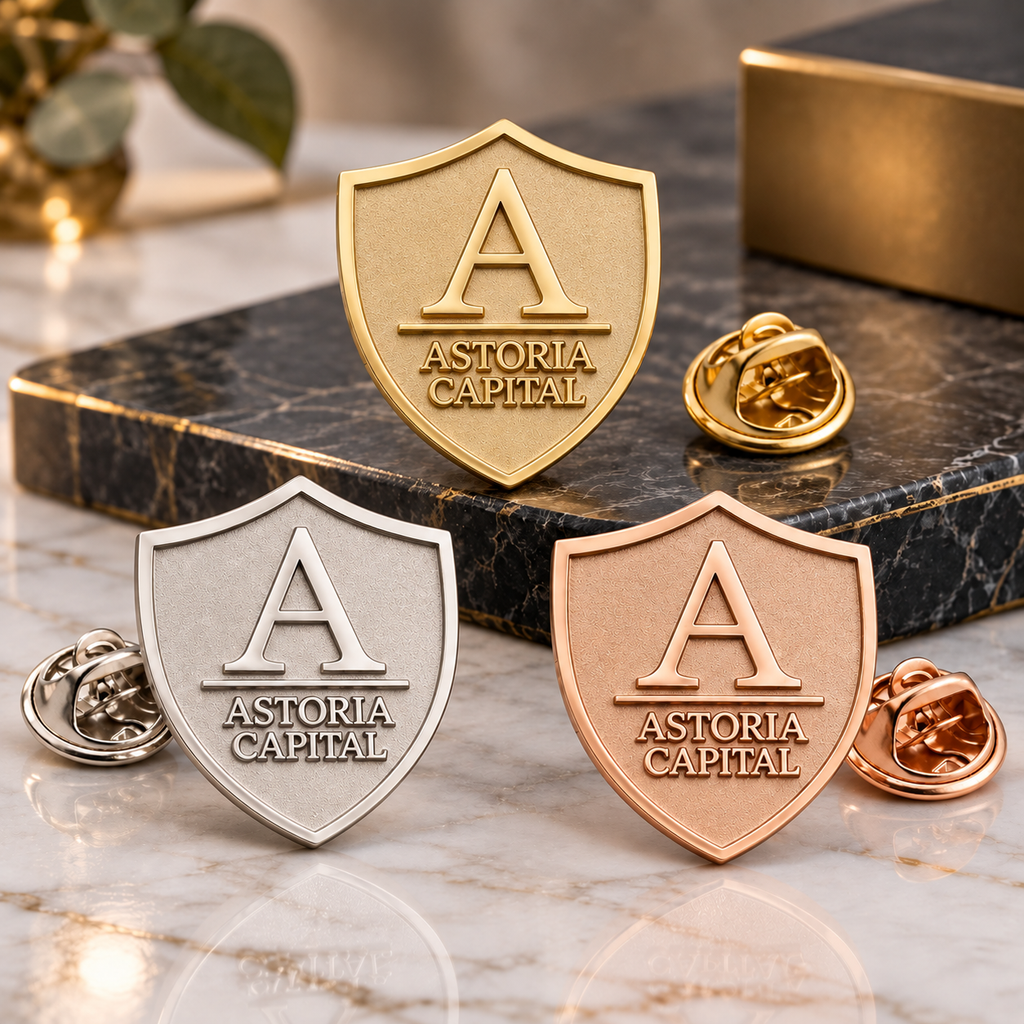 Custom brass shield lapel pin sample shown in gold, silver and rose gold-tone finish options