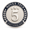 Custom company anniversary lapel pin with platinum-tone finish and navy enamel