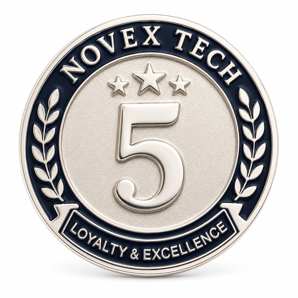 Custom company anniversary lapel pin with platinum-tone finish and navy enamel