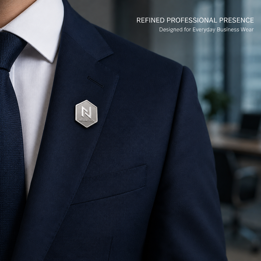 Custom platinum-tone corporate lapel pin worn on a business suit
