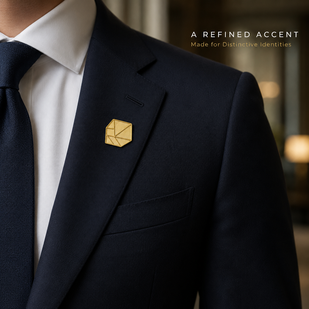 Custom gold-tone sterling silver lapel pin worn on a business suit