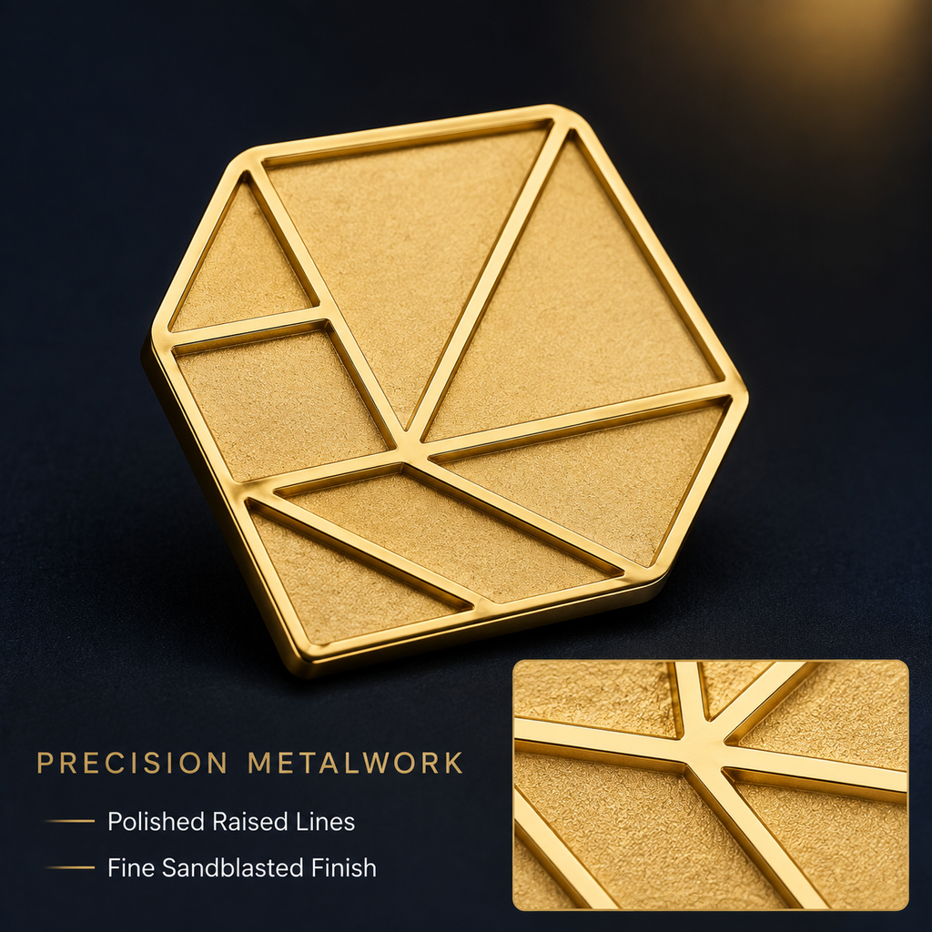Close-up of mirror-polished raised lines and matte gold-tone recessed areas on a custom lapel pin