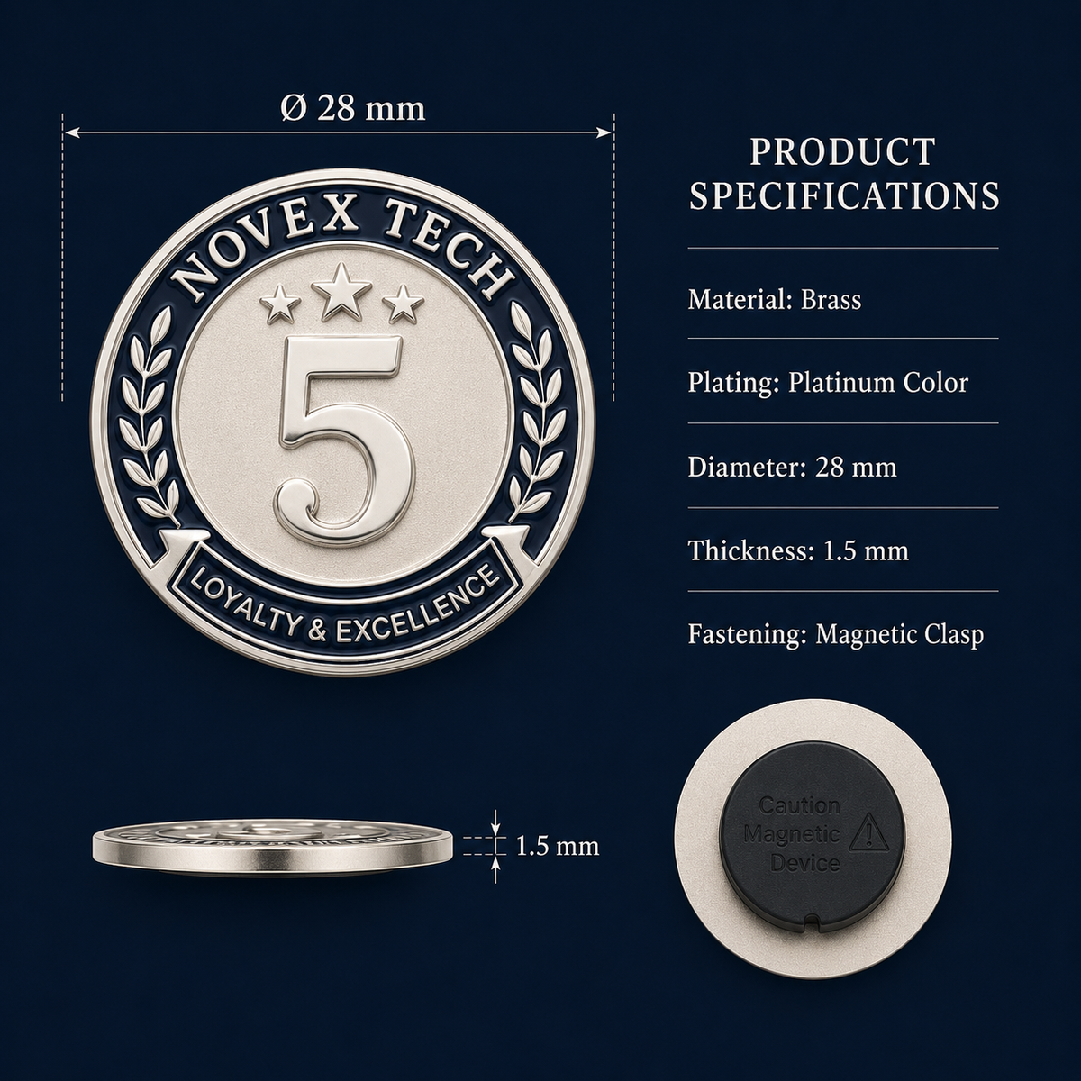 28mm custom brass anniversary lapel pin with magnetic clasp and product specifications