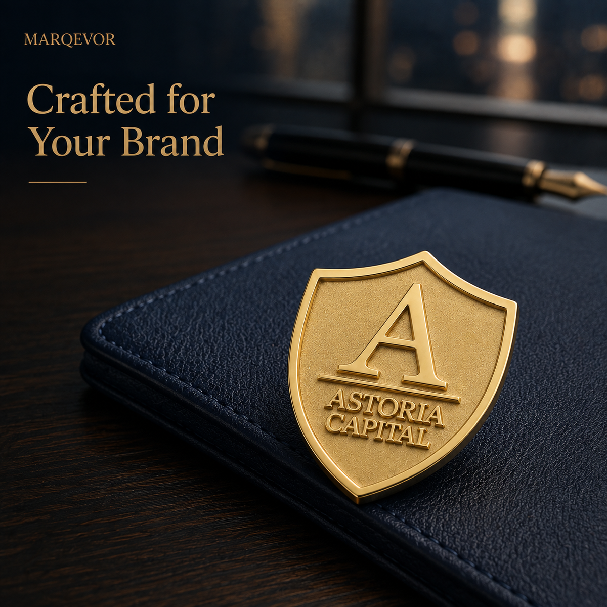 Gold-tone custom shield lapel pin displayed on a navy business notebook for corporate branding