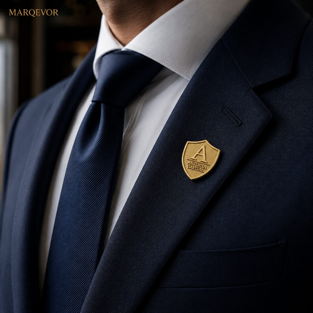 Custom gold-tone shield lapel pin worn on a navy business suit for corporate branding and employee recognition