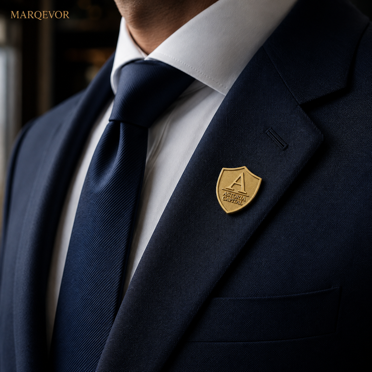 Custom gold-tone shield lapel pin worn on a navy business suit for corporate branding and employee recognition