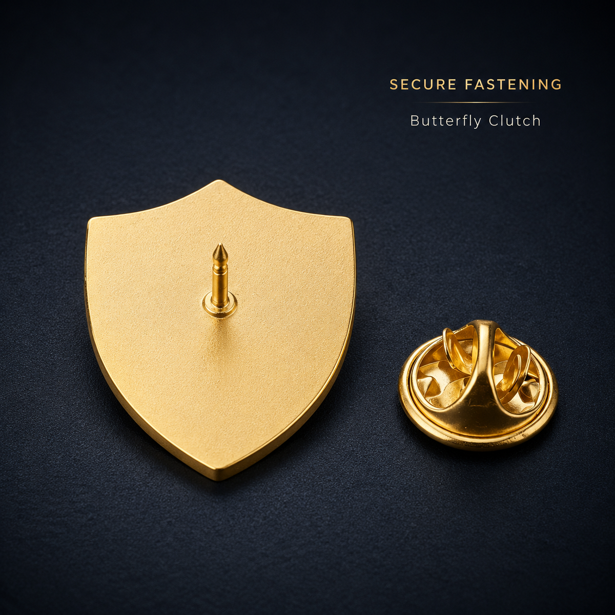 Back view of a custom brass shield lapel pin with gold-tone finish and butterfly clutch fastening