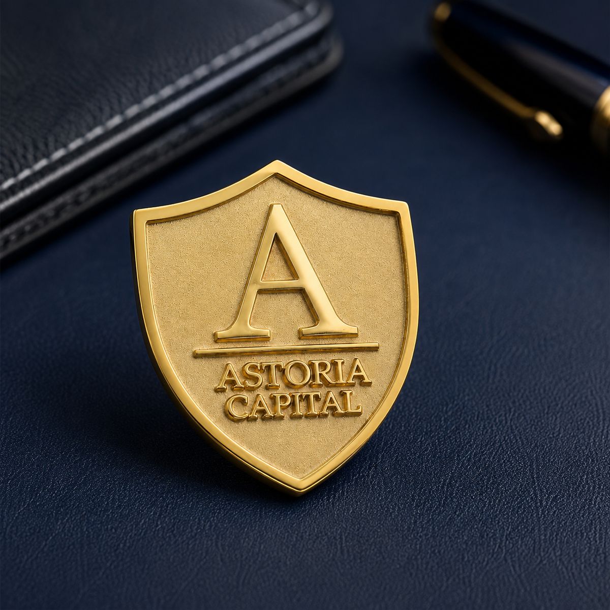 Close-up of raised logo details and matte recessed texture on a gold-tone custom shield lapel pin