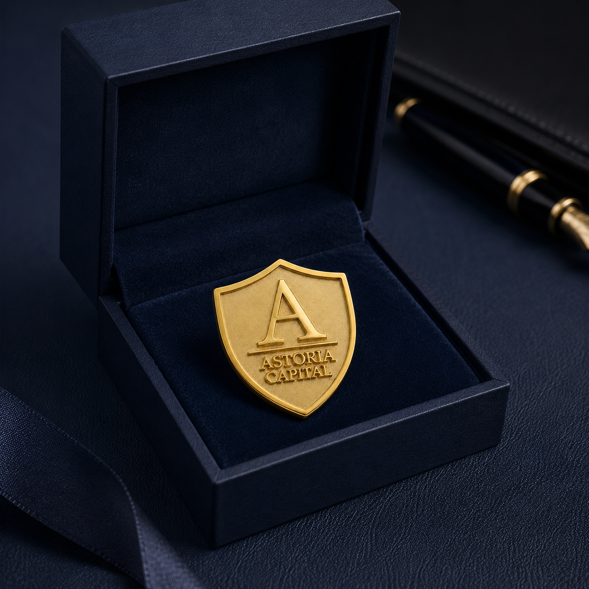 Custom gold-tone shield lapel pin presented in a premium navy gift box