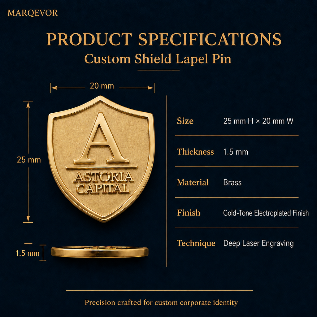 Product specifications for a custom brass shield lapel pin, 25 mm high by 20 mm wide and 1.5 mm thick