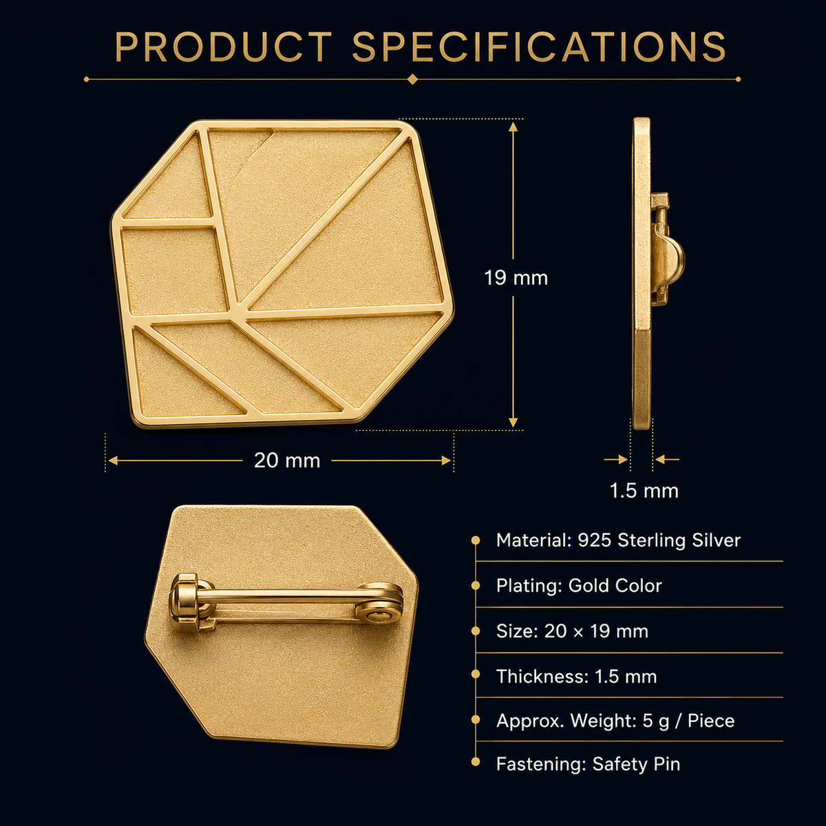 20 by 19 mm custom 925 sterling silver lapel pin with gold-tone finish and product specifications