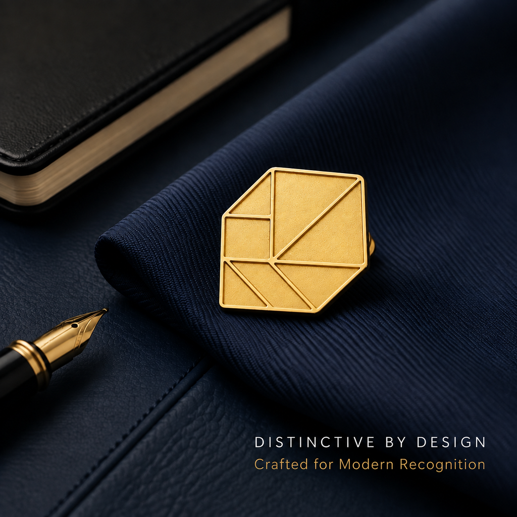 Angled view of a custom sterling silver lapel pin with polished gold-tone raised details