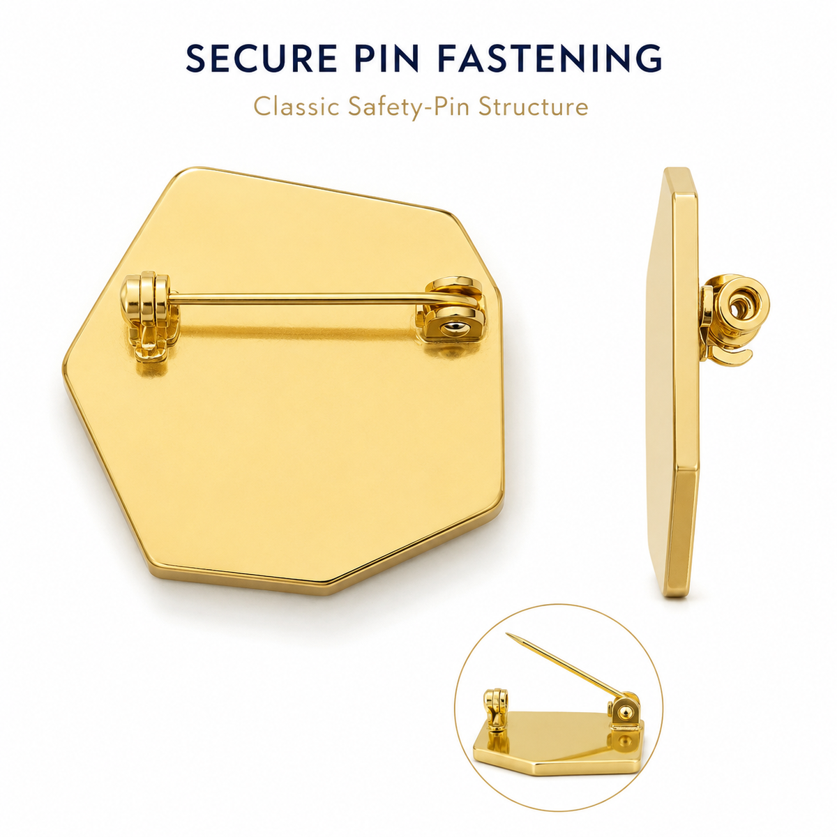 Back view of a custom sterling silver lapel pin with secure safety pin fastening